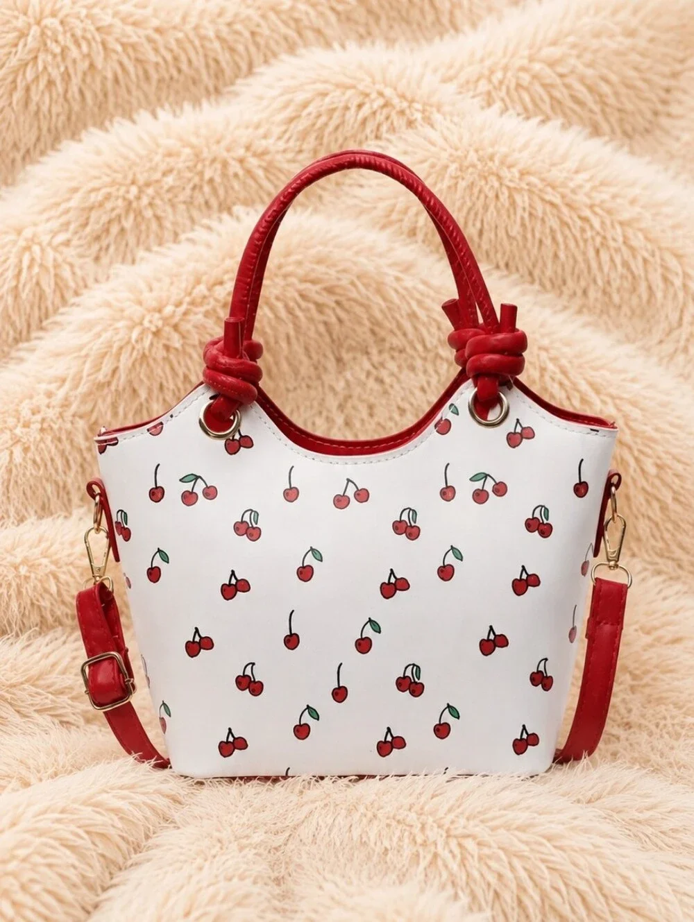 NWT Pin Up Style Red White Cherry Print Purse + Handmade Keychain Size 9 Inches